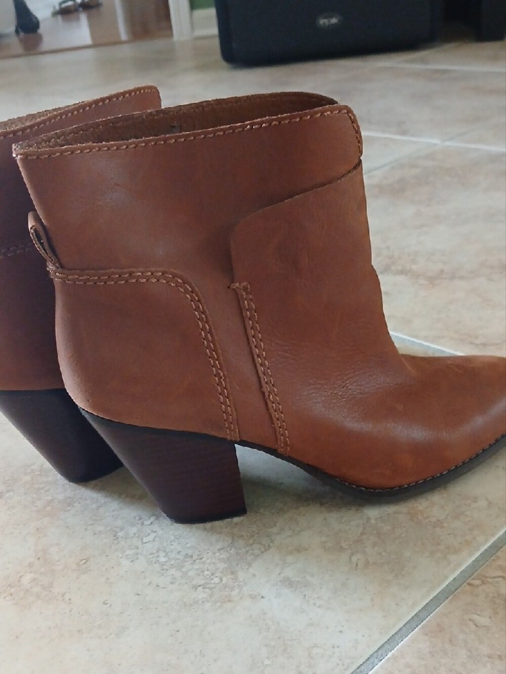 Nine West Cognac Brown Leather Ankle Booties with Stacked Heel - Picture 6 of 9